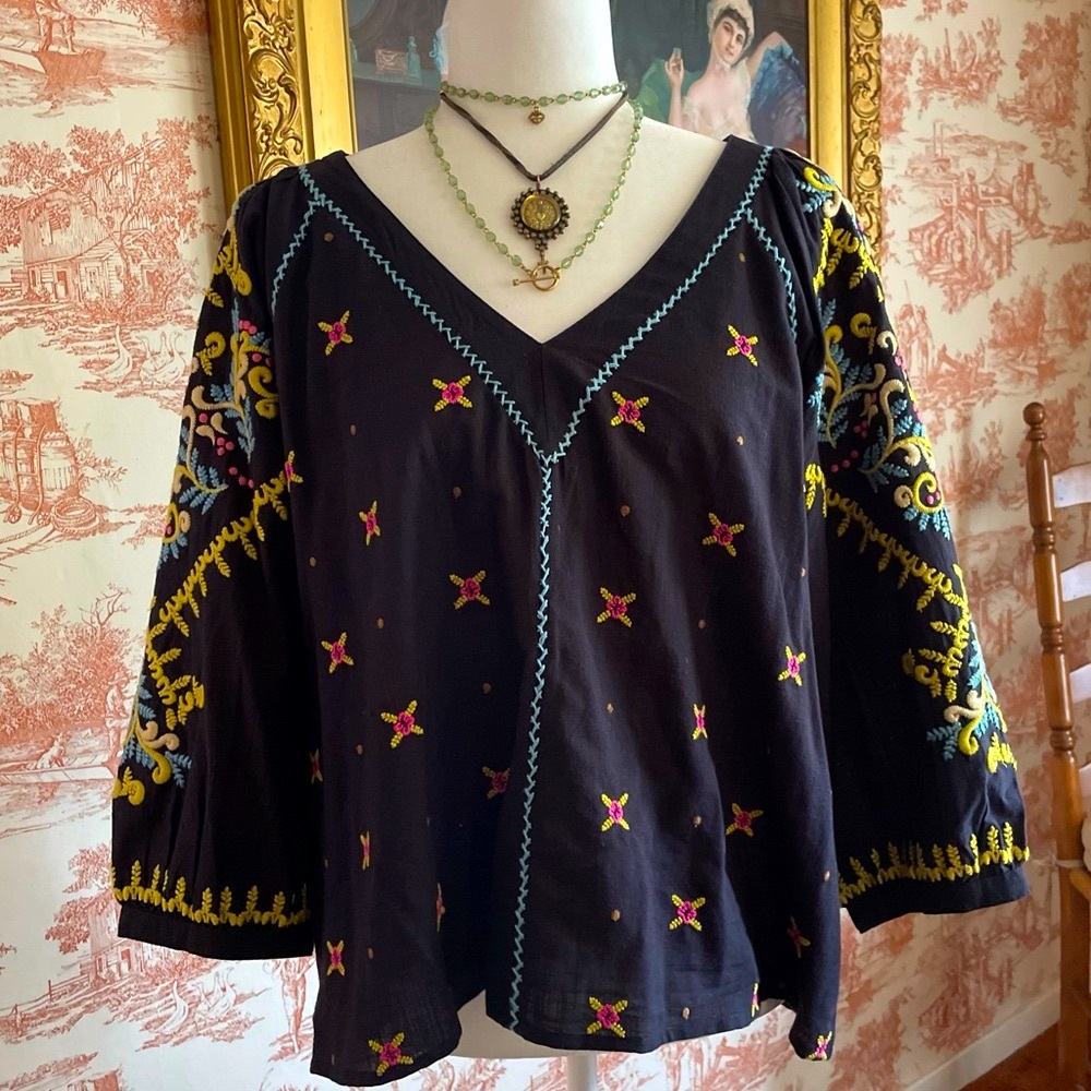 Sundance NWT Embroidered Black Blouse with Colorful Accents